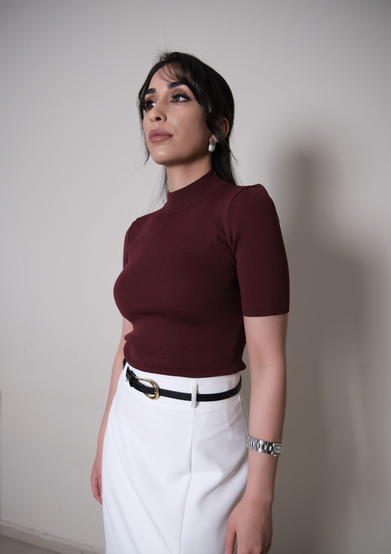 Bordo Balıkçı Yarım Kol Triko Bluz