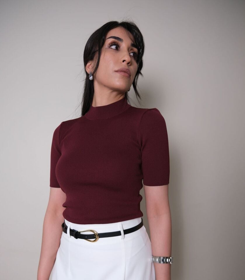 Bordo Balıkçı Yarım Kol Triko Bluz