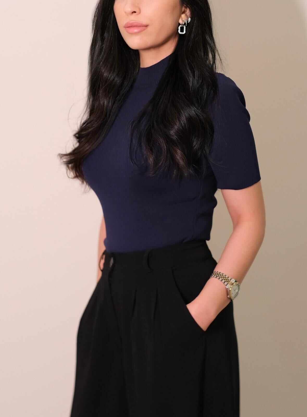 Lacivert Balıkçı Yarım Kol Triko Bluz