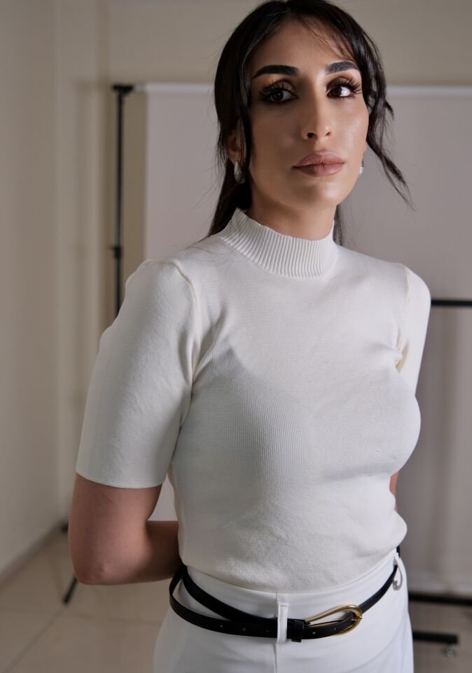 Krem Balıkçı Yarım Kol Triko Bluz