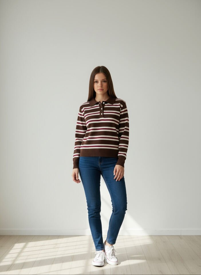 Kahverengi Çizgili Triko Kazak