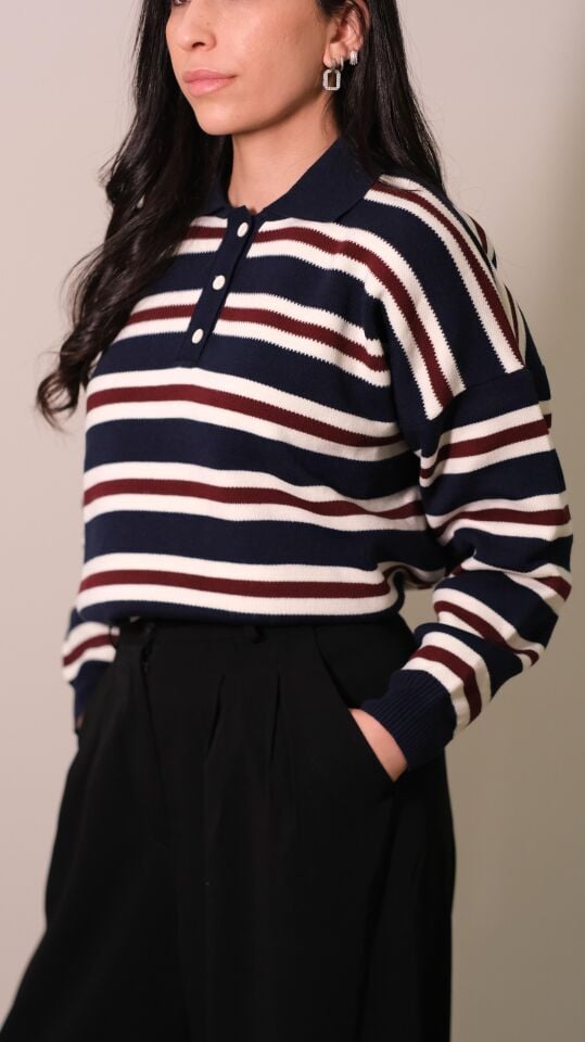 Lacivert Çizgili Triko Kazak