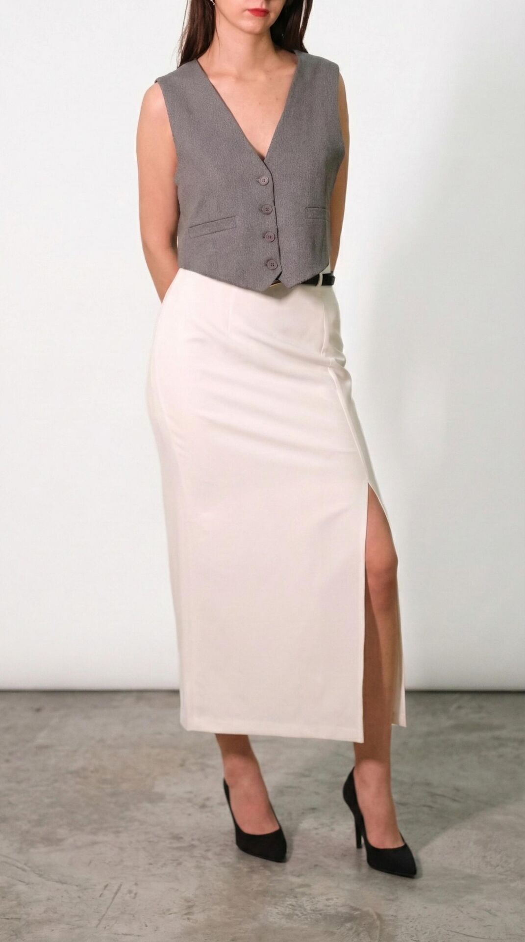 Beyaz Midi Boy Yırtmaçlı Kemerli Etek