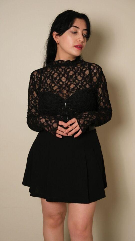 Siyah Transparan Dantel Bluz