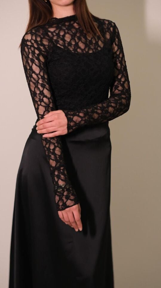 Siyah Transparan Dantel Bluz