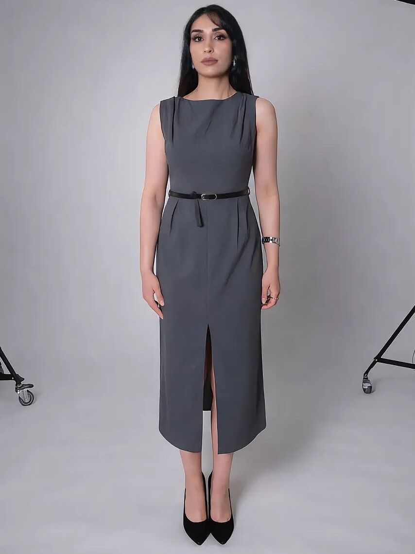 Gri Kemerli Yırtmaçlı Uzun Elbise