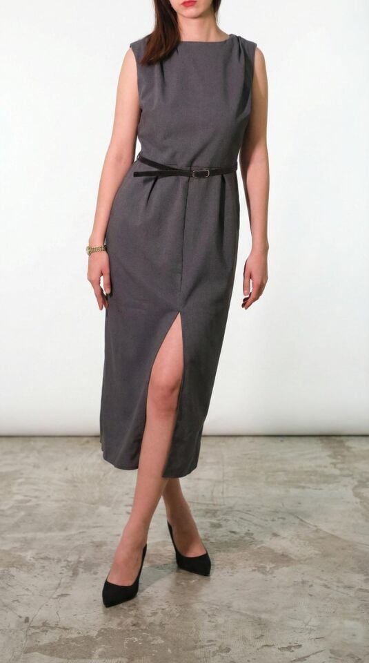 Gri Kemerli Yırtmaçlı Uzun Elbise