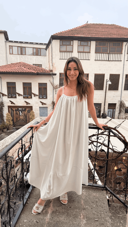 Çizgili Beyaz Poplin Elbise
